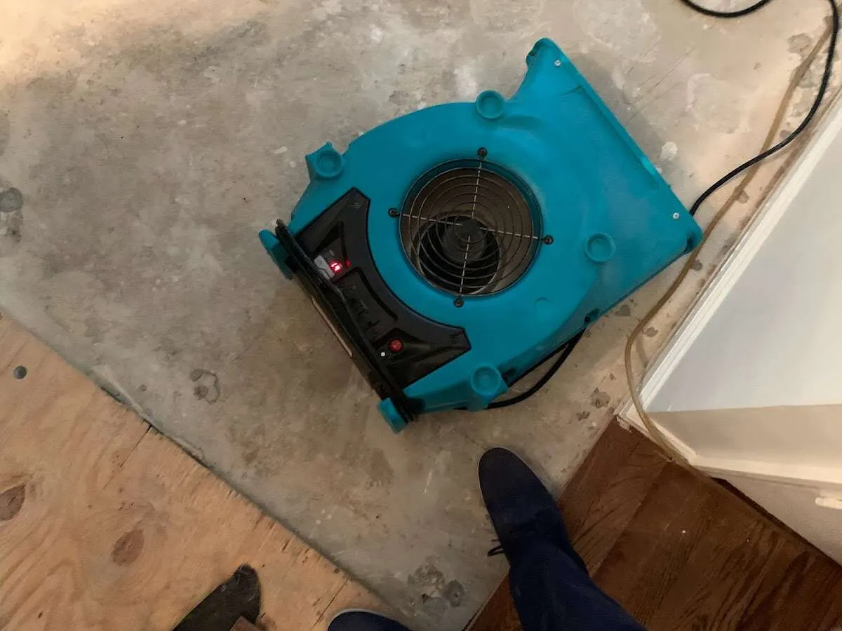 Air mover drying subfloor during Leak Detection & Repair in Greene